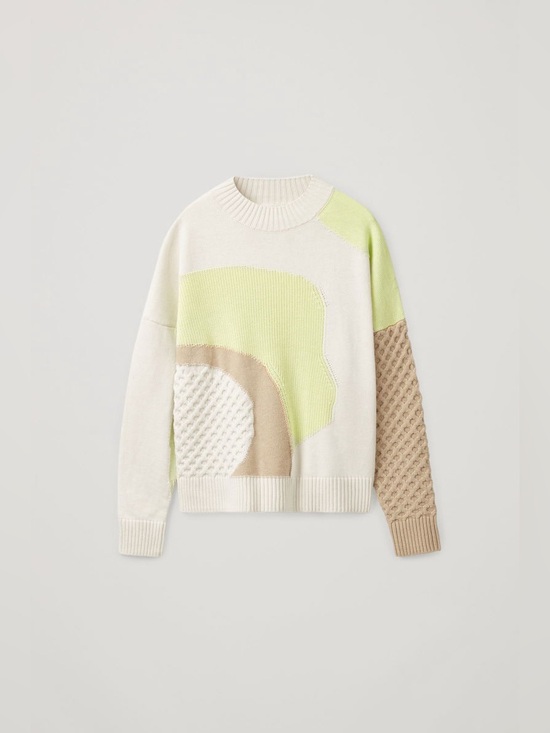 COS Sweaters - COS crewneck color block wool-cotton sweater with neon green detailing